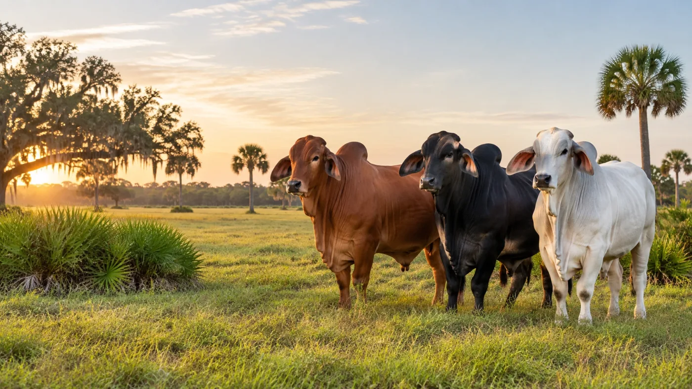 Red, black, and white Brahman cattle in a flat Florida pasture with live oaks, sabal palms, and palmetto bushes